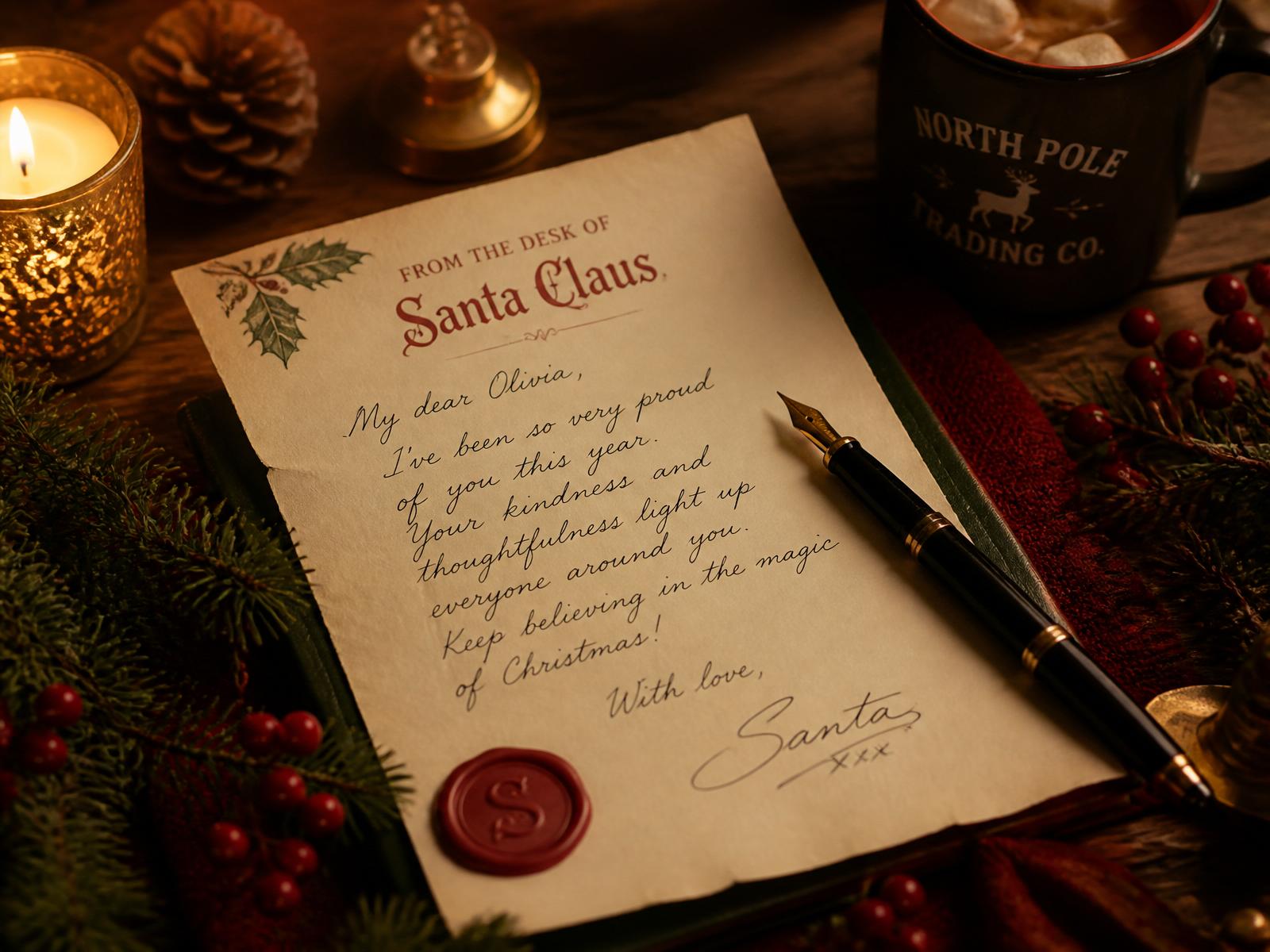 A handwritten letter from Santa on cream paper with a red wax seal, beside a candle and pine sprigs